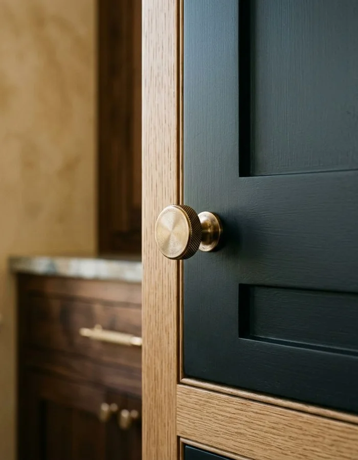 Champagne bronze hardware on a painted maple inset door