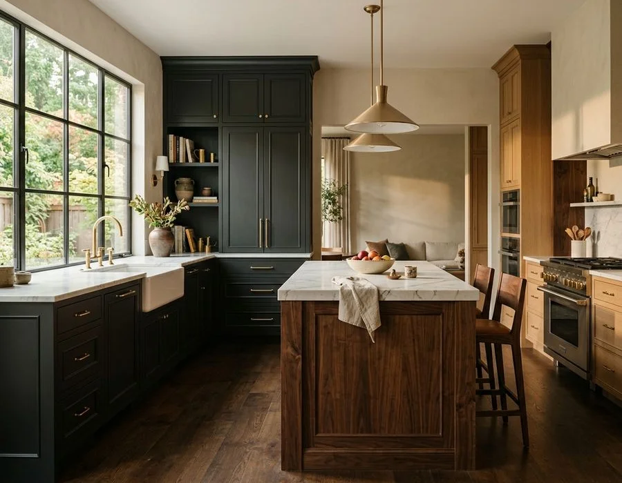 Painted maple kitchen with walnut island in a Portland estate