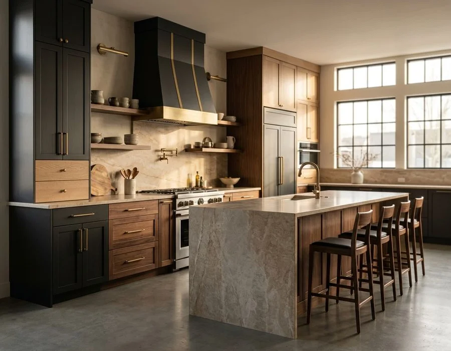 Completed kitchen photographed from the same angle as the render