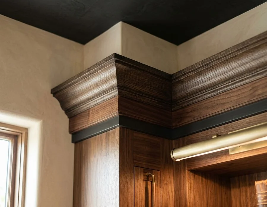 Coped joint detail at an inside corner of crown moulding