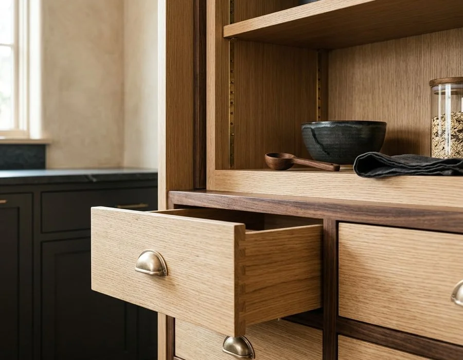 Custom appliance garage and pantry interior in rift-cut white oak