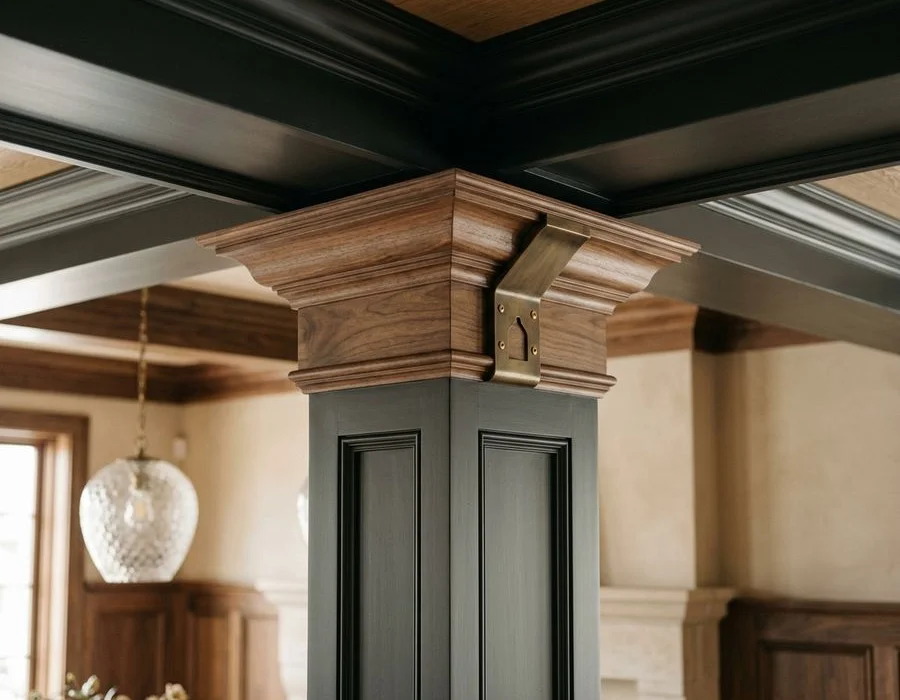 Coffered ceiling and raised panel wainscoting detail