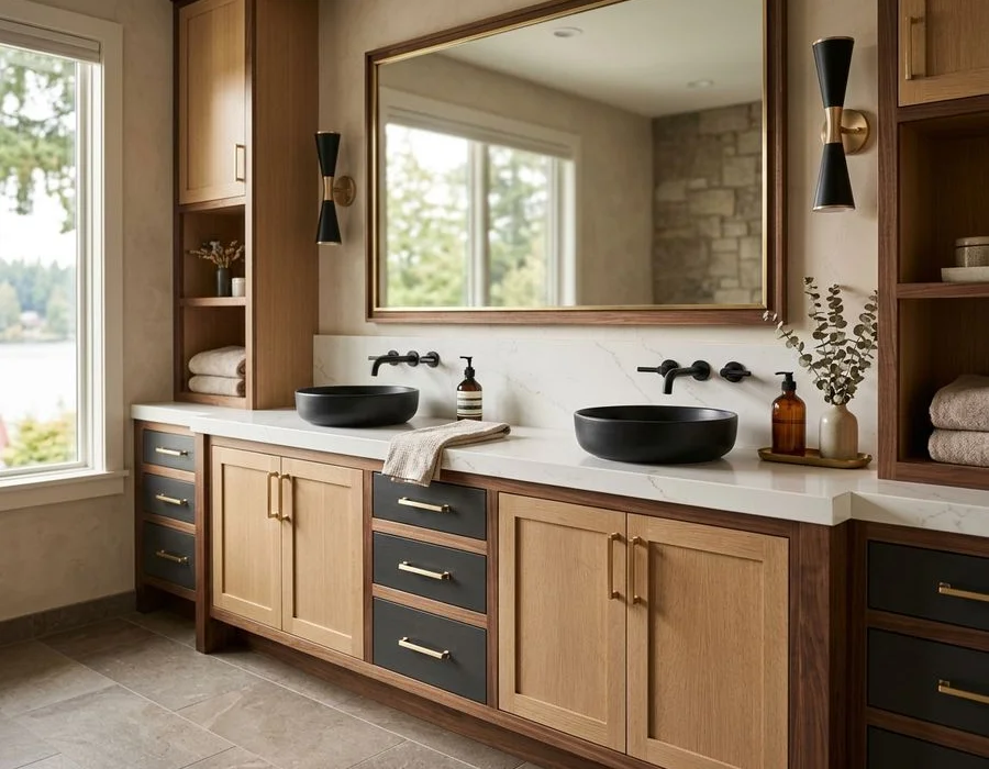 Double vanity with quartz top and vessel sink casework
