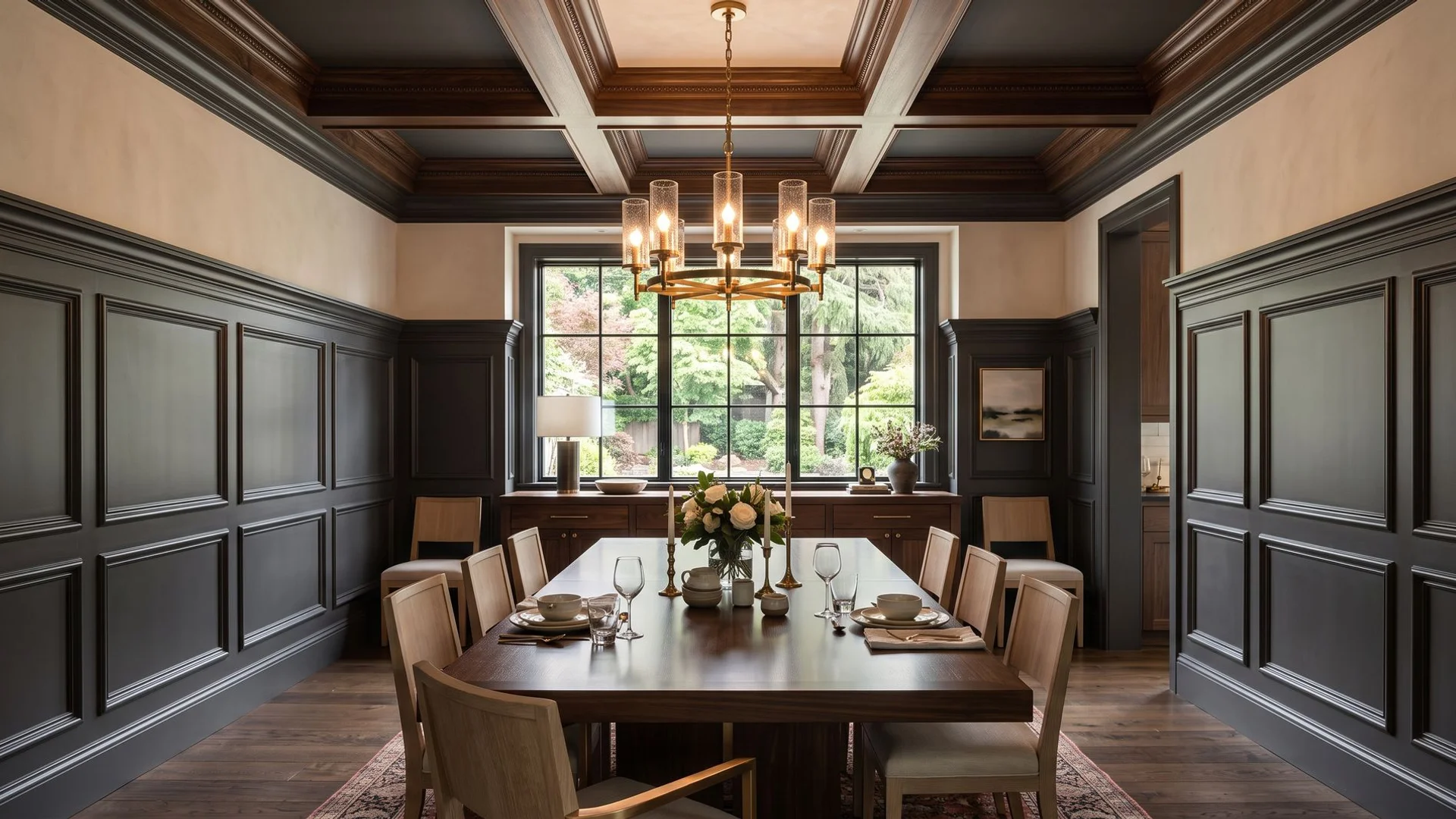 Raised panel wainscoting and coffered ceiling millwork in a Portland dining room