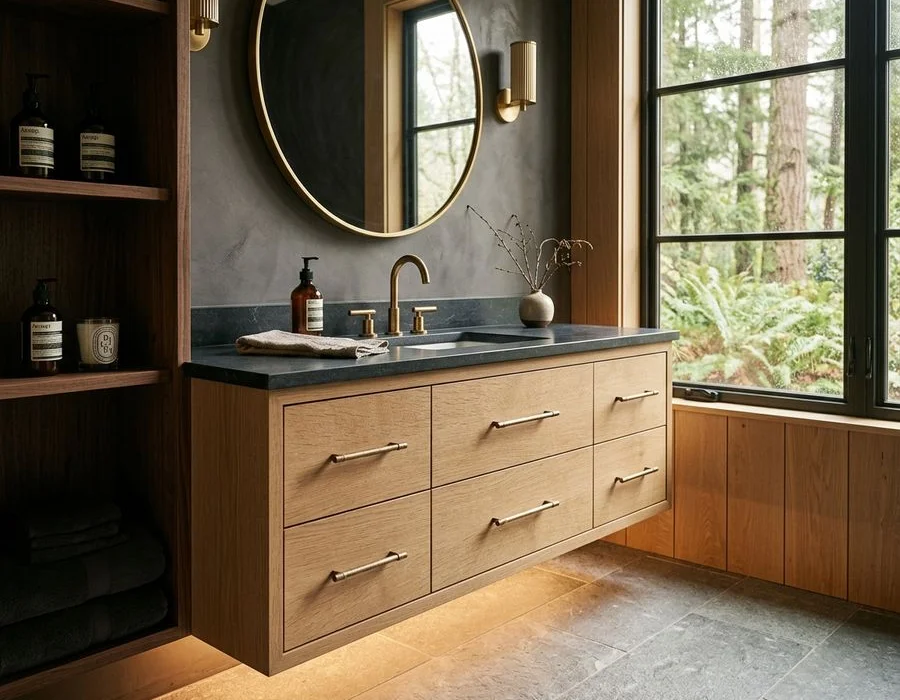 Floating rift-cut white oak vanity with LED toe-kick lighting