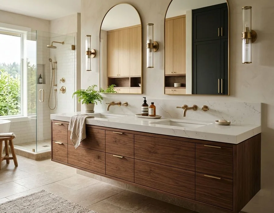 Floating walnut bathroom vanity with quartz top
