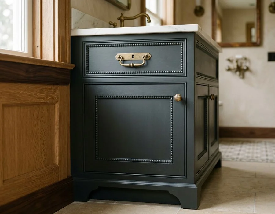 Floor-mounted painted maple vanity with beaded inset doors