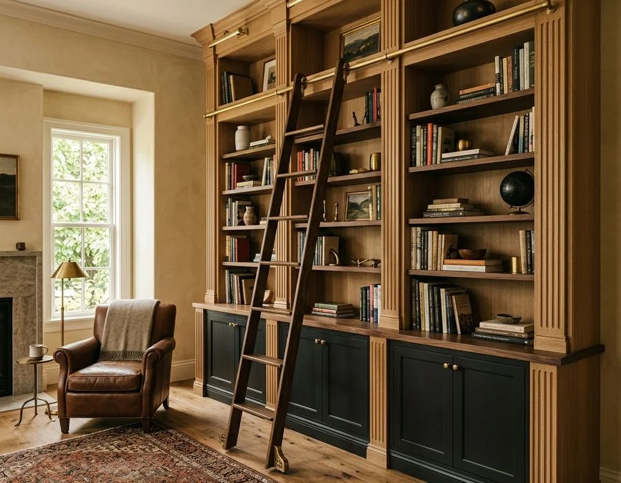Built-in library wall with ladder rail and fluted pilasters