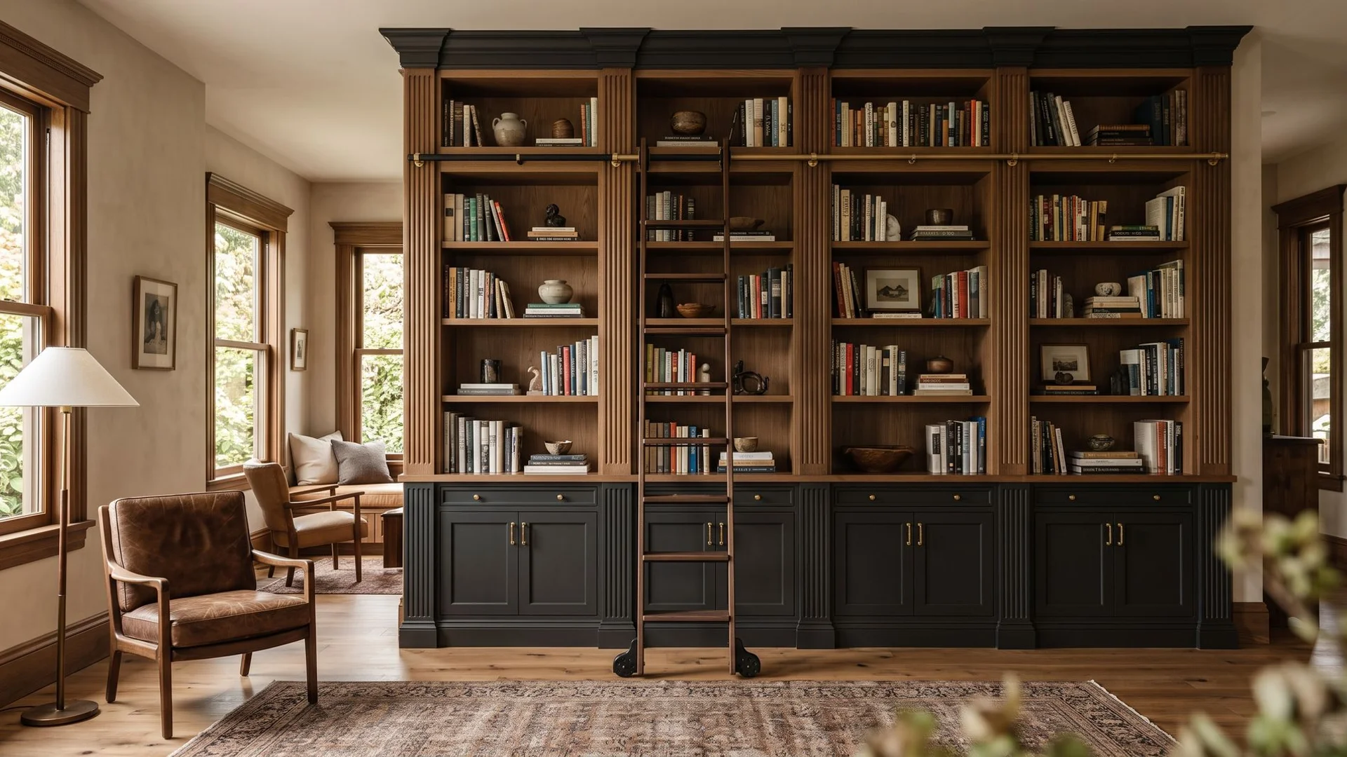 Floor-to-ceiling built-in library wall with ladder rail in a Portland home