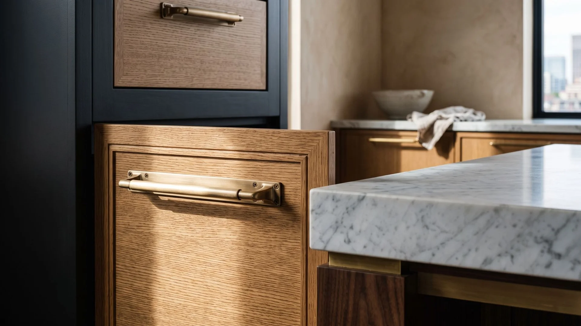Bespoke rift-cut white oak kitchen cabinetry in a luxury Portland home