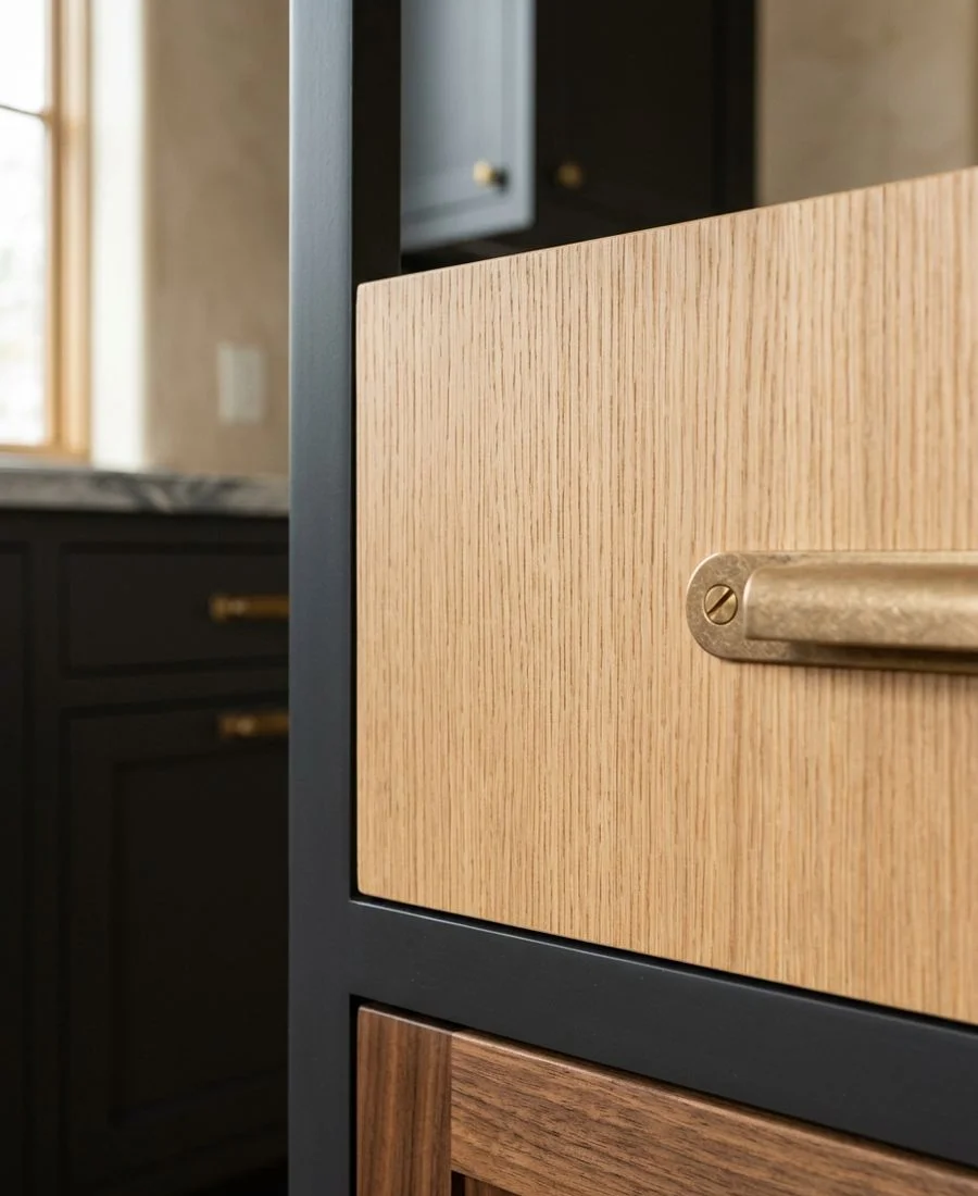 Rift-cut white oak grain detail used for custom kitchen cabinetry