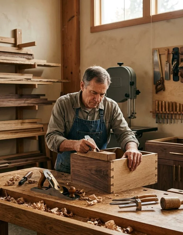 Master cabinetmaker hand-fitting a dovetailed drawer box