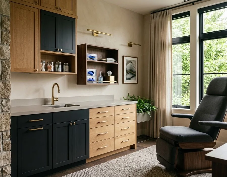 Medical exam room casework with sealed seamless surfaces