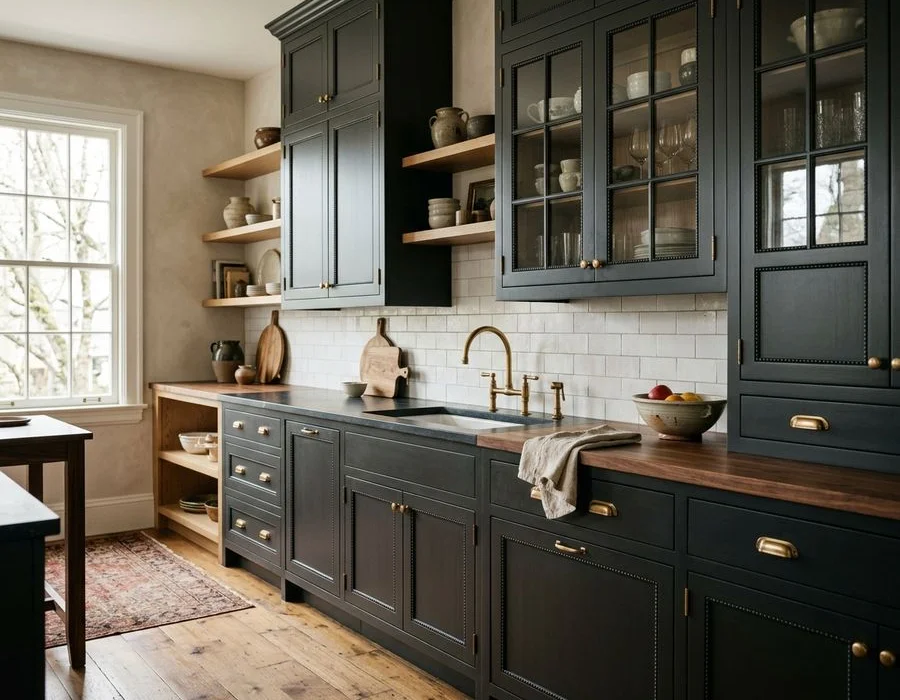 Painted maple perimeter cabinetry with beaded inset doors