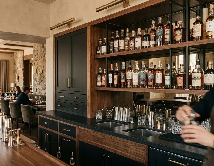 Restaurant back bar millwork and bottle display shelving