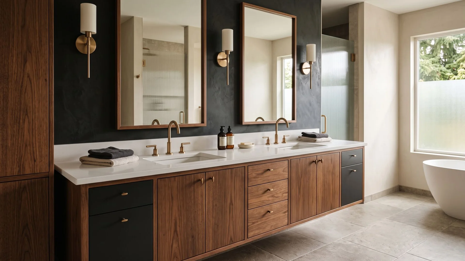 Custom floating walnut bathroom vanity with quartz countertop and bronze fixtures