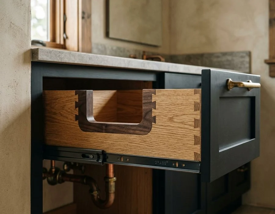Dovetailed vanity drawer with U-shaped plumbing cutout